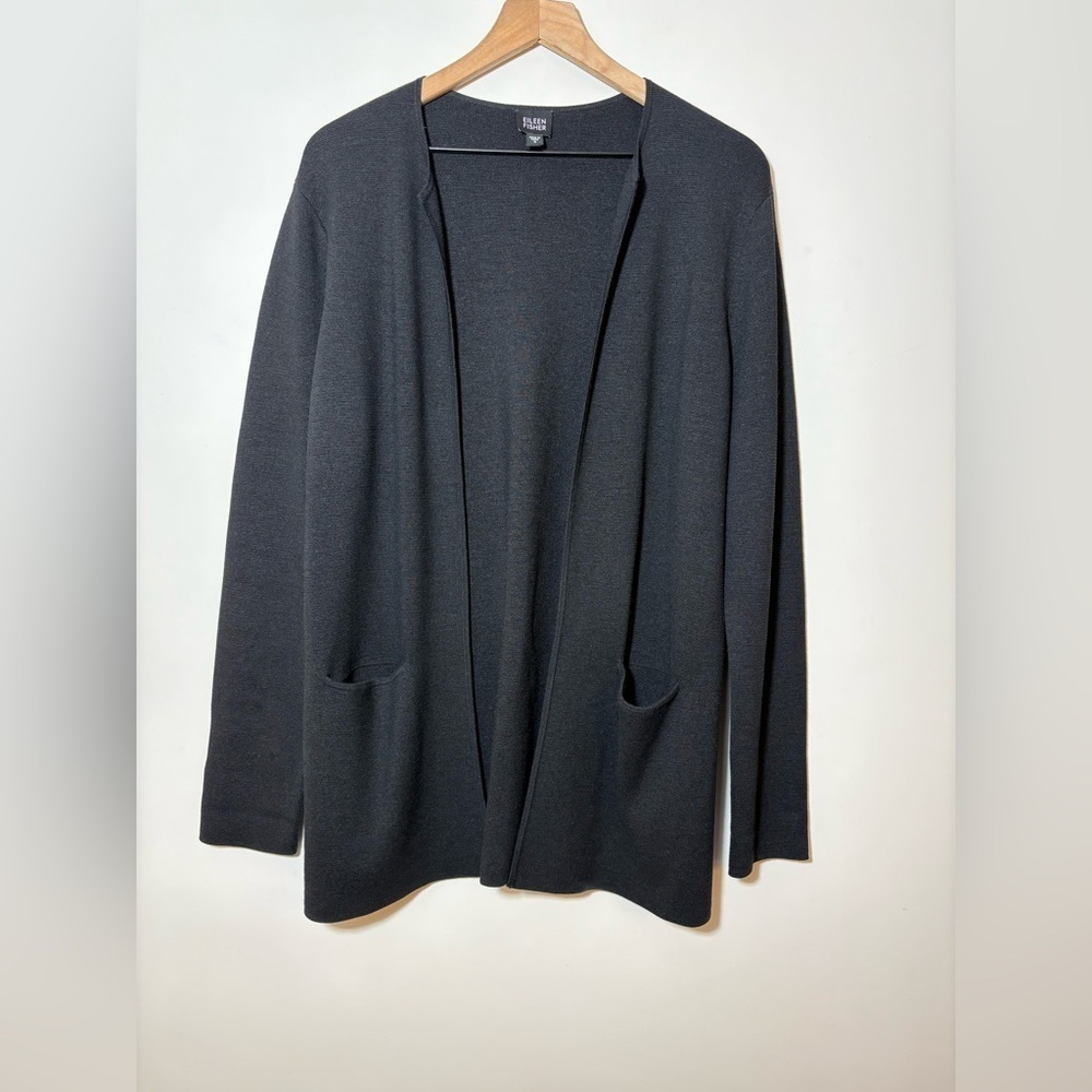 EILEEN FISHER BLACK OPEN FRONT CARDIGAN POCKETS OVERSIZED SILK WOMENS S